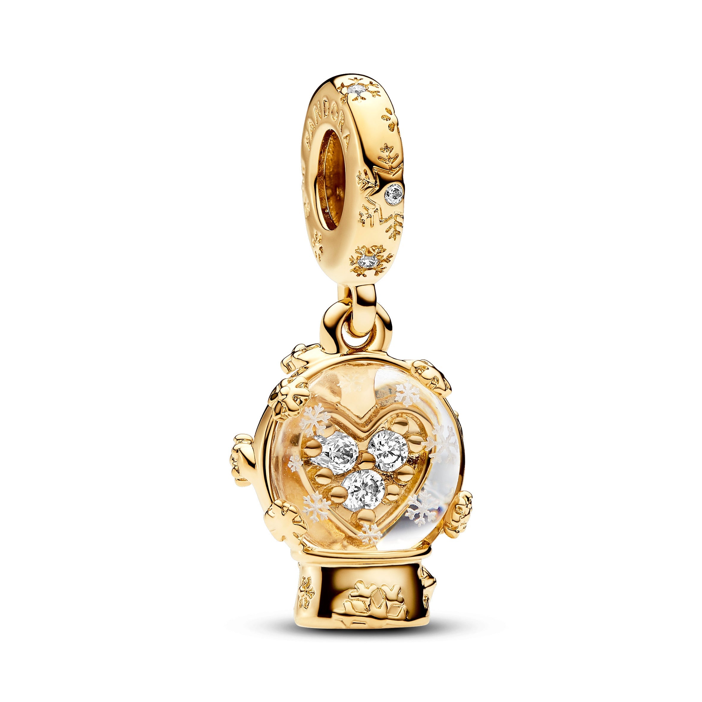 PANDORA Heart Snowflake Snow Globe Dangle Charm 14K Gold Plated Unique Metal Blend Charms Bracelet Charm Jewelry Gift