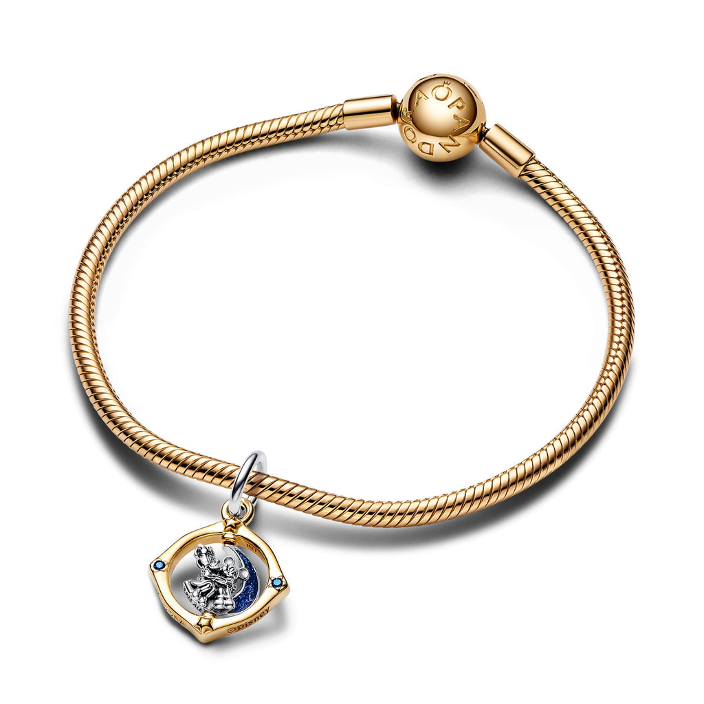PANDORA Disney Mickey Mouse And Minnie Mouse Two-tone Spinning Moon Dangle Charm 14K Gold Plated Unique Metal Blend Disney X PANDORA Charms Bracelet
