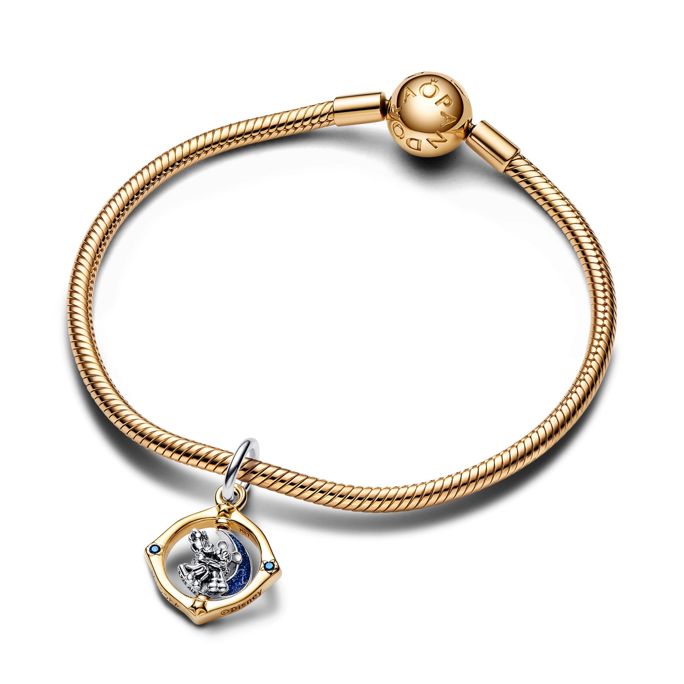 PANDORA Disney Mickey Mouse And Minnie Mouse Two-tone Spinning Moon Dangle Charm 14K Gold Plated Unique Metal Blend Disney X PANDORA Charms Bracelet