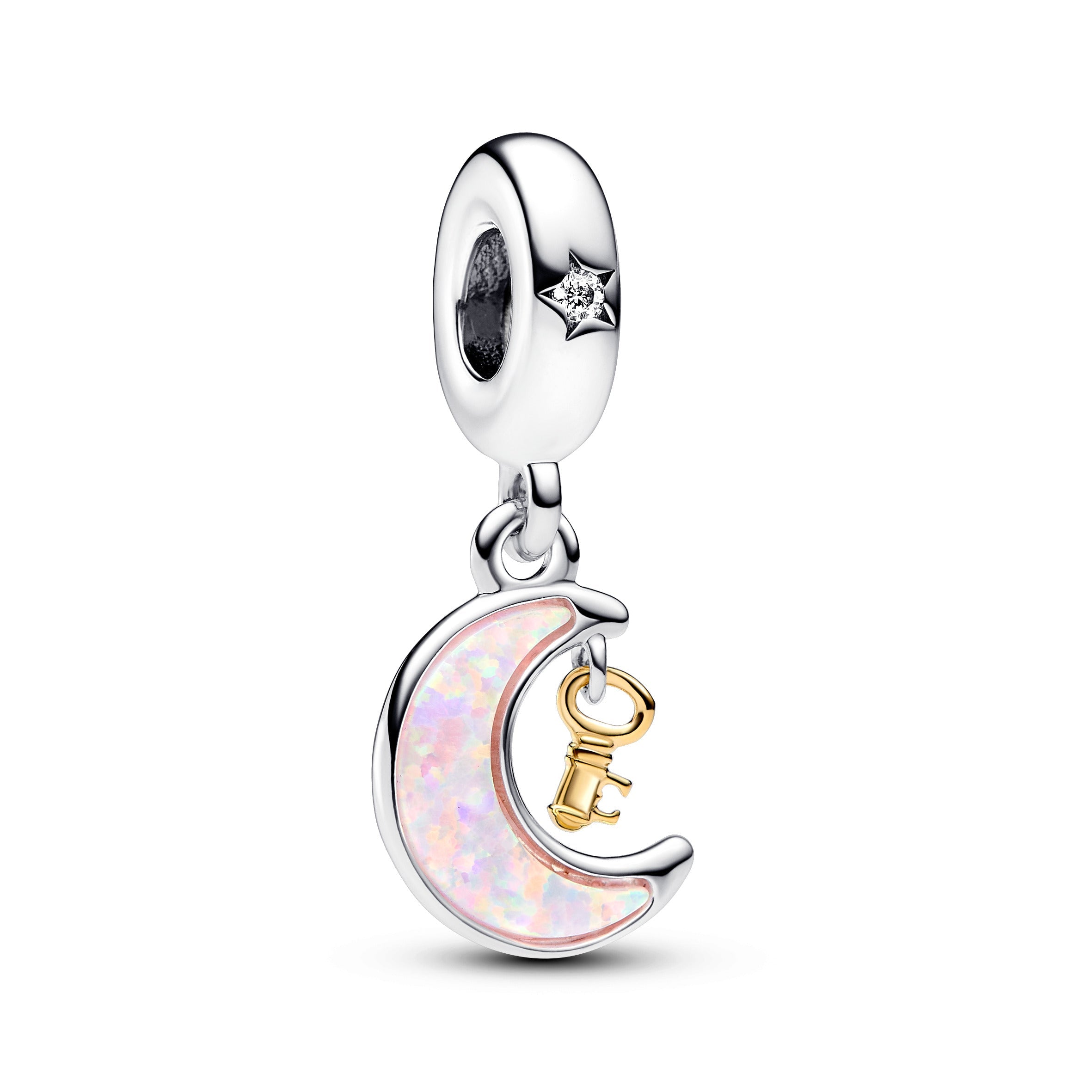 PANDORA Two-tone Key And Moon Dangle Charm 14K Gold Plated Unique Metal Blend Pink Charms Bracelet Charm Jewelry Gift