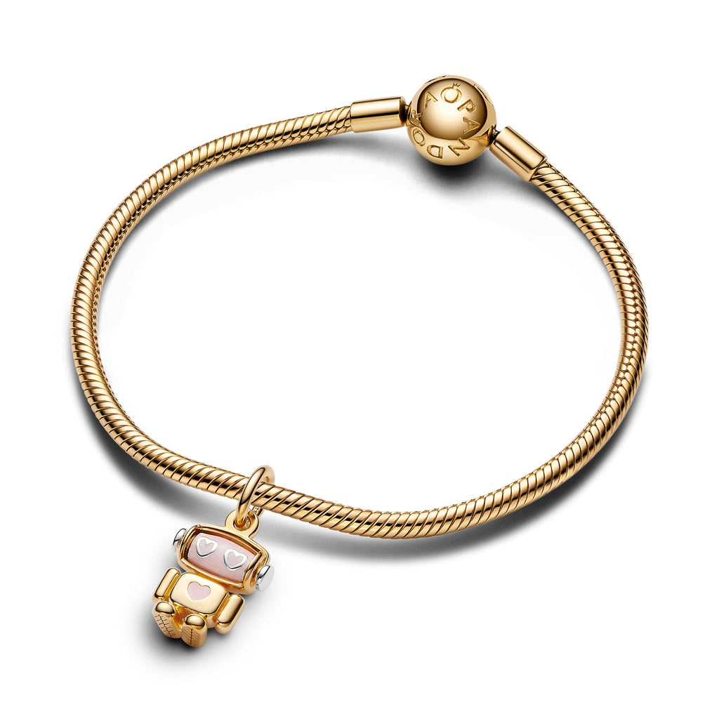 PANDORA Spinnable Face Robot Dangle Charm 14K Gold Plated Unique Metal Blend Pearlescent Be Love Charms Bracelet Charm Jewelry Gift