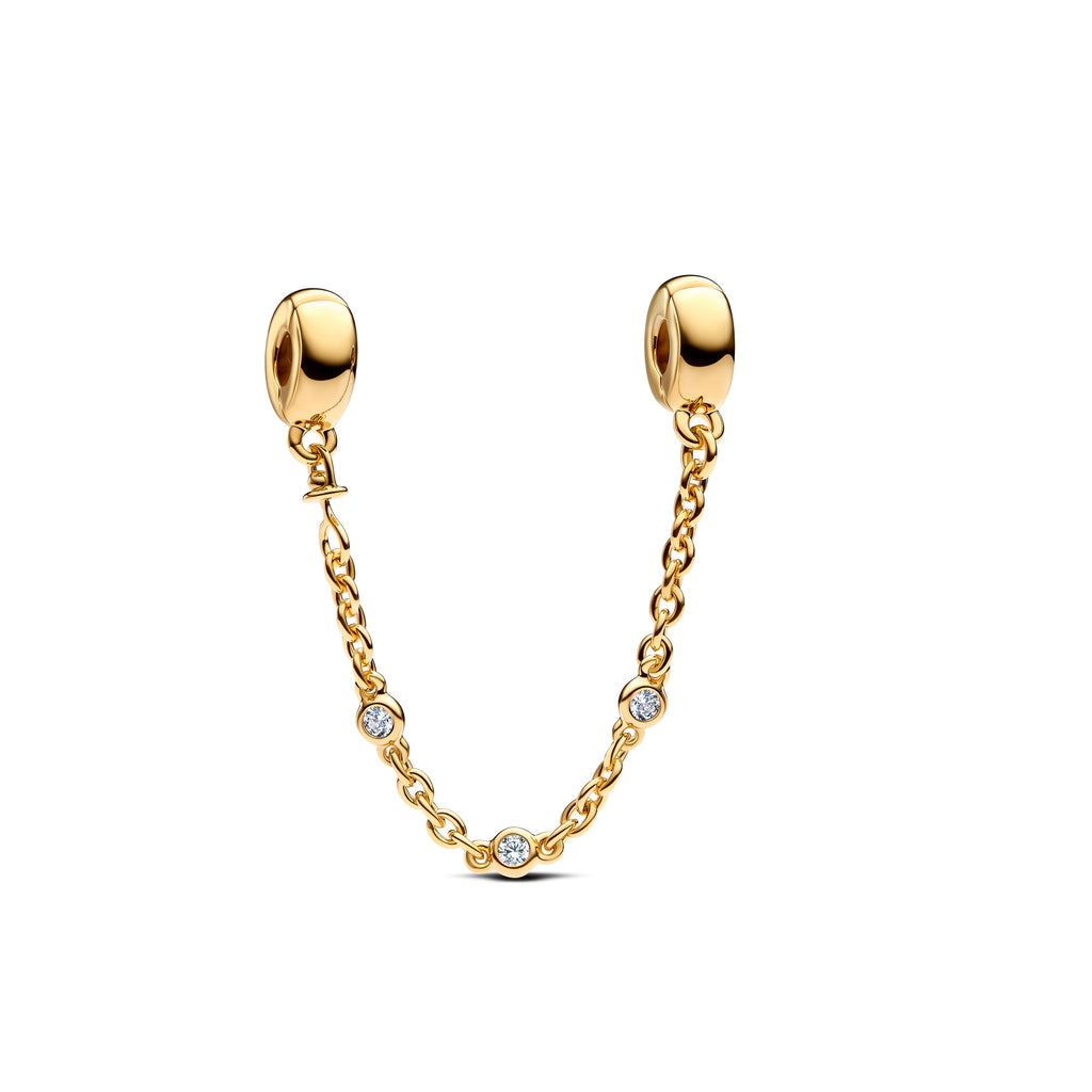PANDORA Triple Clear Stone Safety Chain 14K Gold Plated Unique Metal Blend Charms Bracelet Charm Jewelry Gift