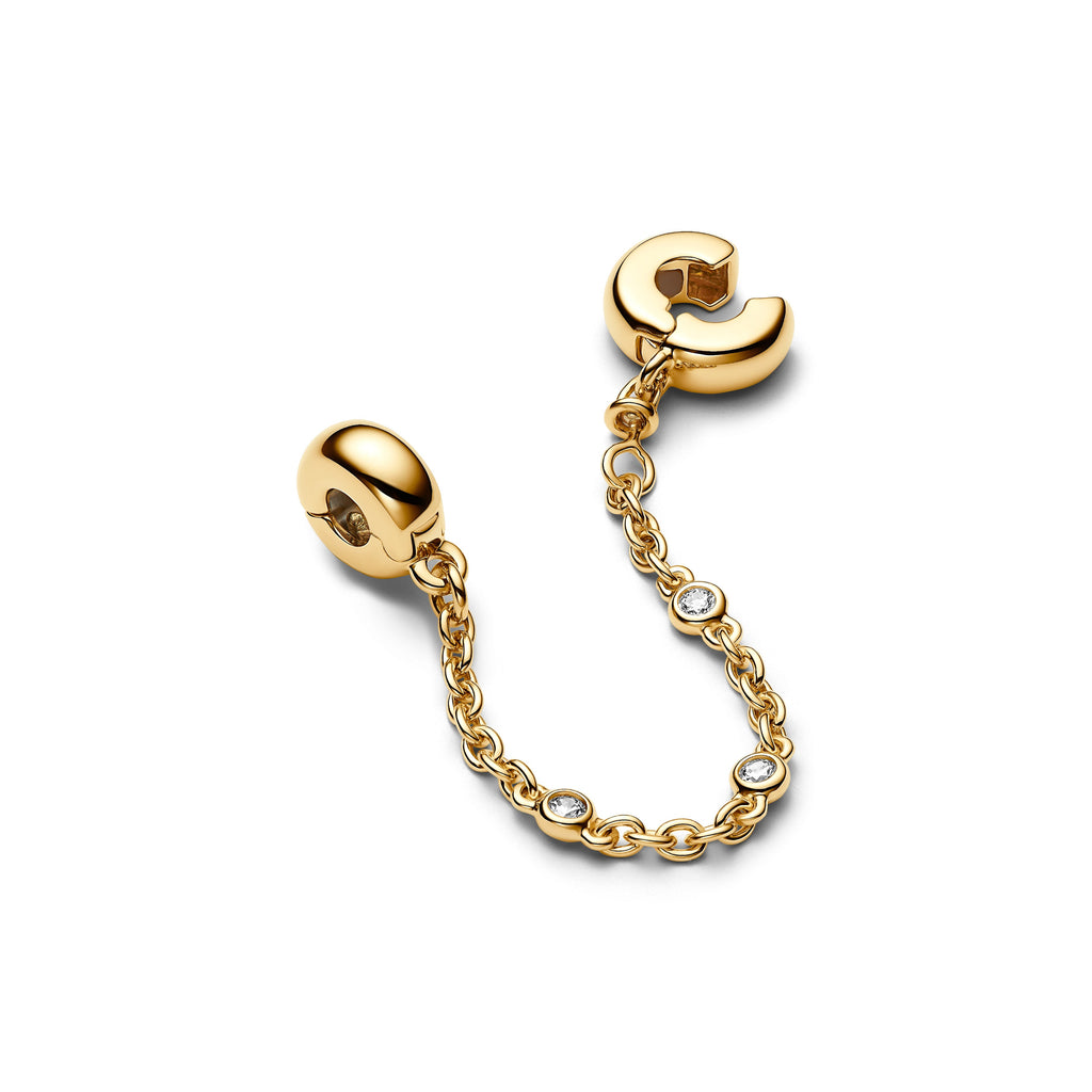 PANDORA Triple Clear Stone Safety Chain 14K Gold Plated Unique Metal Blend Charms Bracelet Charm Jewelry Gift