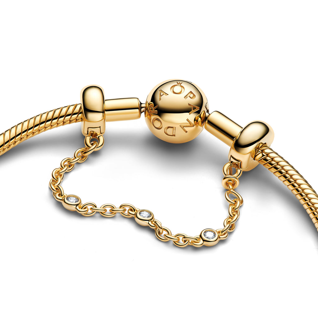 PANDORA Triple Clear Stone Safety Chain 14K Gold Plated Unique Metal Blend Charms Bracelet Charm Jewelry Gift