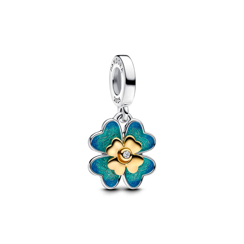 PANDORA 2025 Four Leaf Clover Lab-Grown Diamond Dangle Charm 14K Gold Plated Unique Metal Blend Blue Floral Charms Bracelet Charm Jewelry Gift