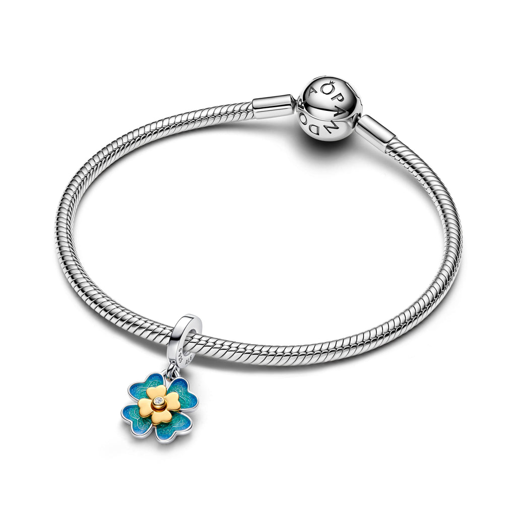 PANDORA 2025 Four Leaf Clover Lab-Grown Diamond Dangle Charm 14K Gold Plated Unique Metal Blend Blue Floral Charms Bracelet Charm Jewelry Gift