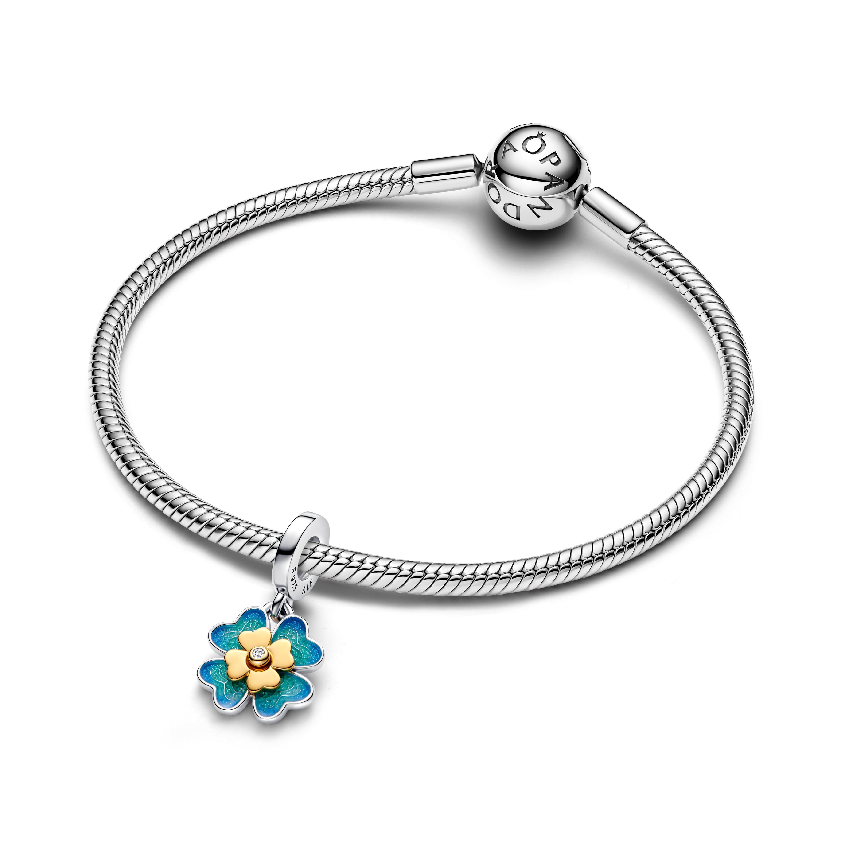PANDORA 2025 Four Leaf Clover Lab-Grown Diamond Dangle Charm 14K Gold Plated Unique Metal Blend Blue Floral Charms Bracelet Charm Jewelry Gift