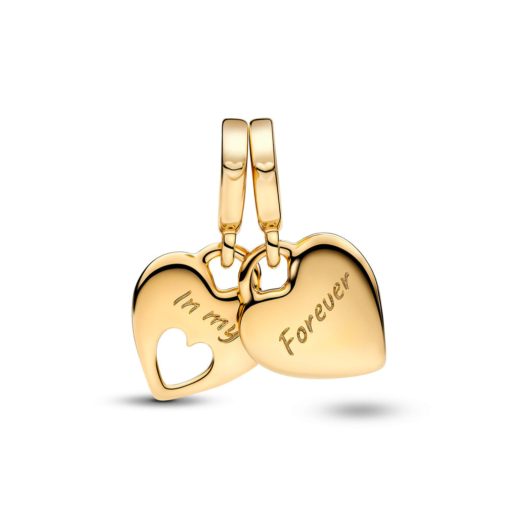 PANDORA Double Heart Split Dangle Charm 14K Gold Plated Unique Metal Blend Be Love Charms Bracelet Charm Jewelry Gift