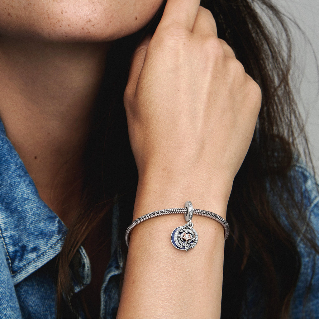 PANDORA Two-tone Shooting Star Double Dangle Charm 14K Rose Gold Plated Unique Metal Blend Charms Bracelet Charm Jewelry Gift