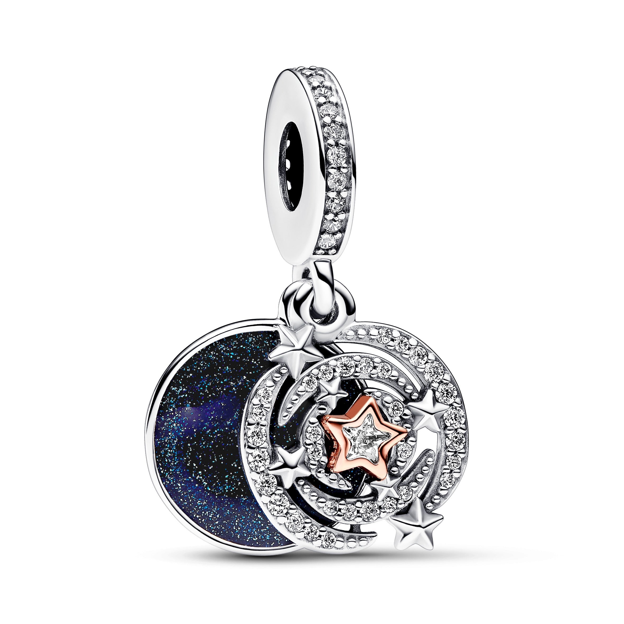 PANDORA Two-tone Shooting Star Double Dangle Charm 14K Rose Gold Plated Unique Metal Blend Charms Bracelet Charm Jewelry Gift