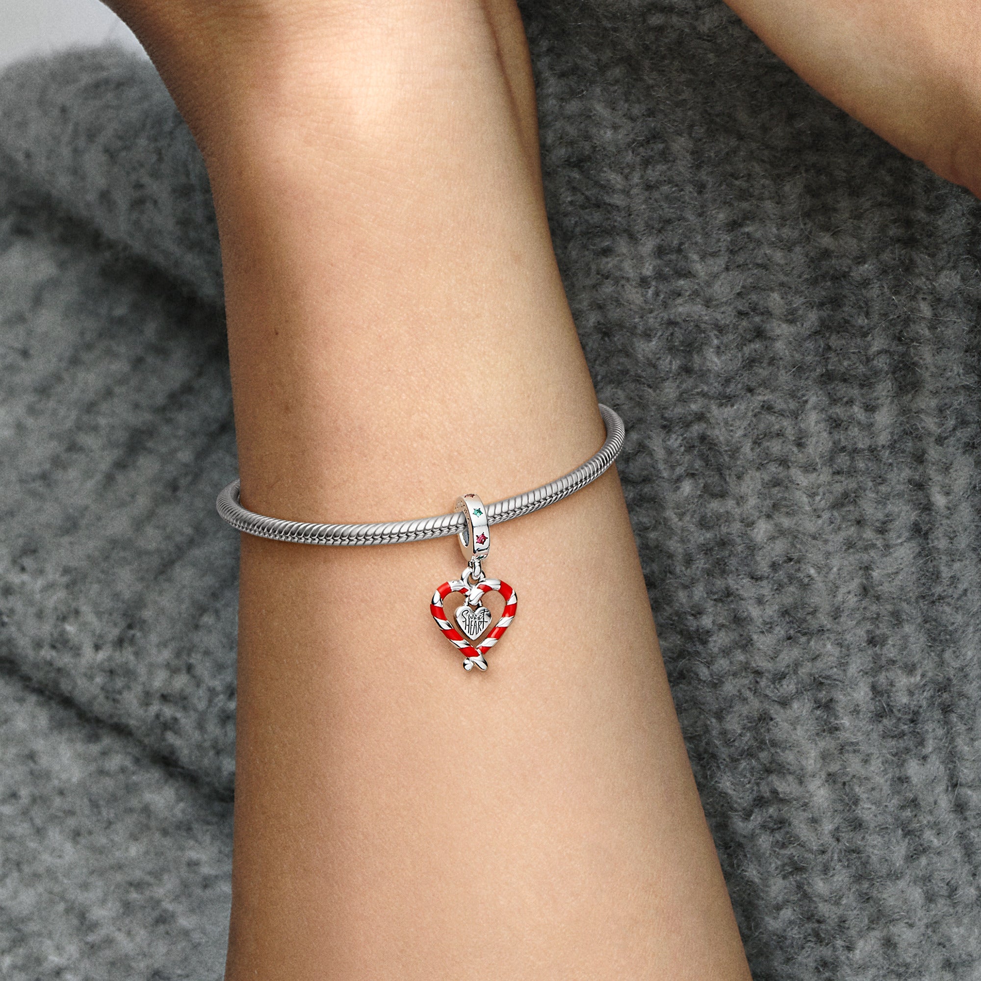 PANDORA Double Candy Cane Heart Christmas Dangle Charm Cubic Zirconia Red Charms Bracelet Charm Jewelry Gift
