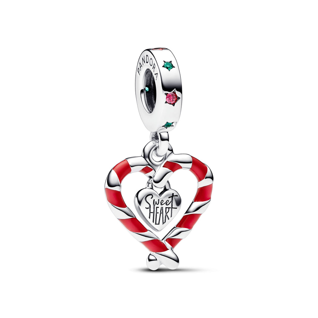 PANDORA Double Candy Cane Heart Christmas Dangle Charm Cubic Zirconia Red Charms Bracelet Charm Jewelry Gift