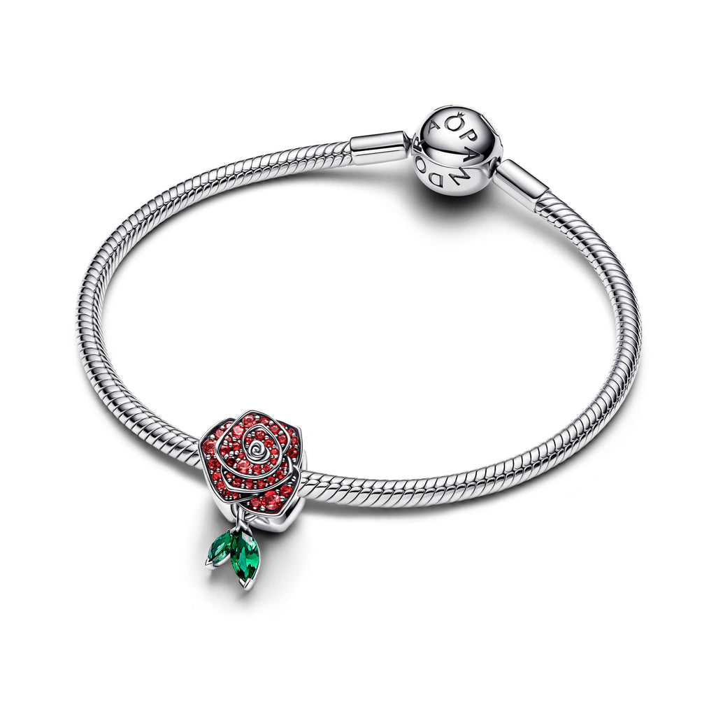 PANDORA Sparkling Rose In Bloom Charm Man Made Crystal Green Floral Charms Bracelet Charm Jewelry Gift