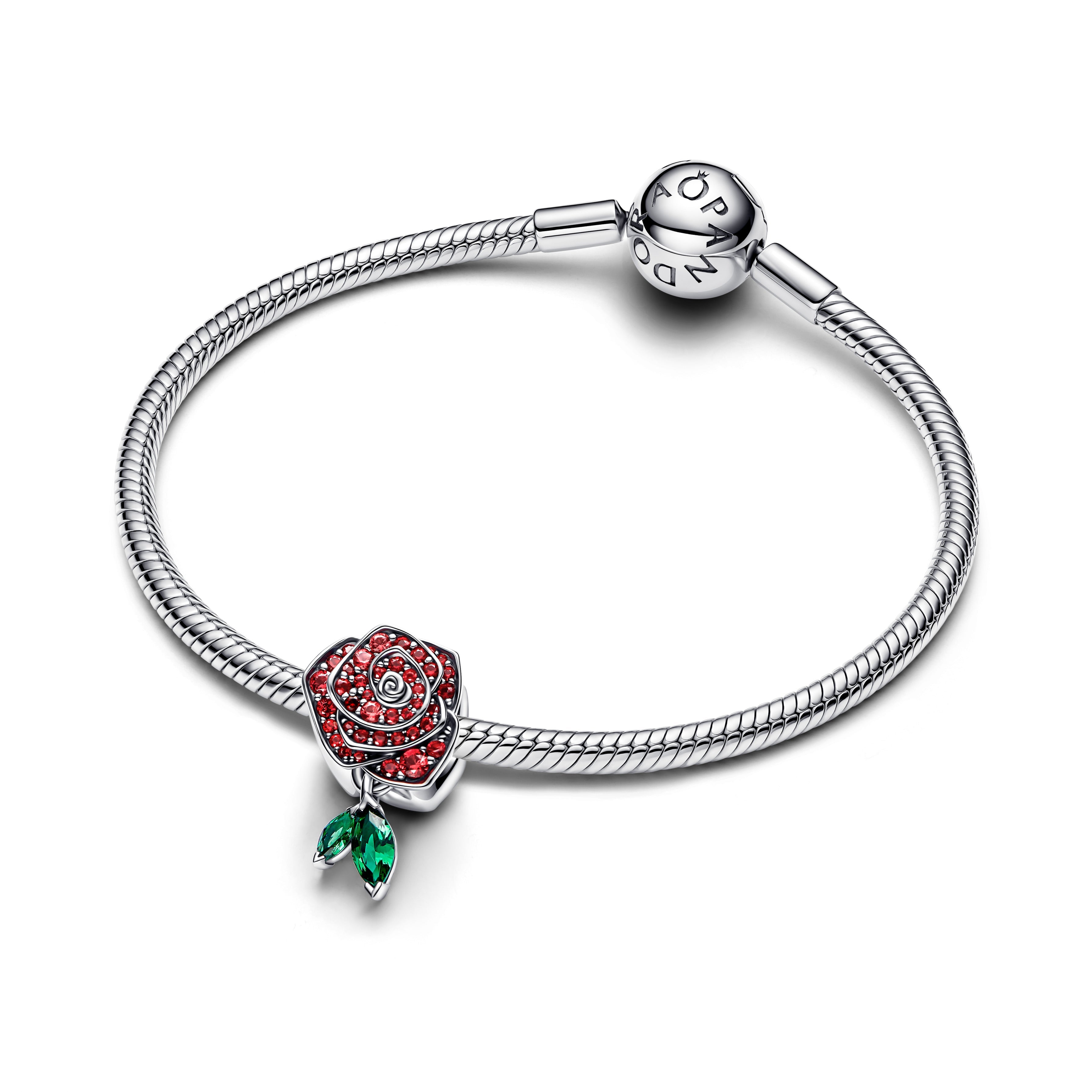 PANDORA Sparkling Rose In Bloom Charm Man Made Crystal Green Floral Charms Bracelet Charm Jewelry Gift