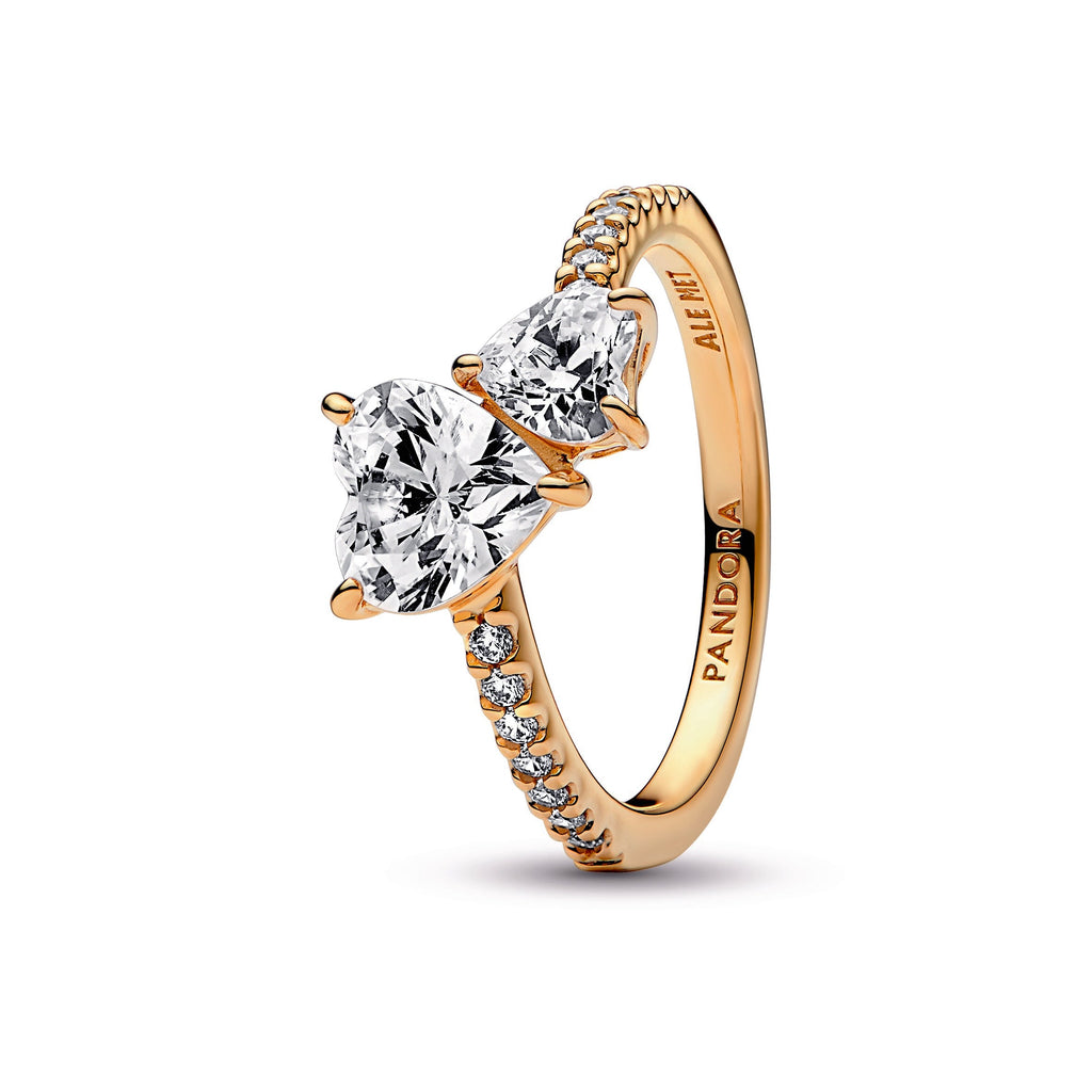 PANDORA Double Heart Sparkling Ring 14K Gold Plated Unique Metal Blend Rings Statement Ring Jewelry Gift