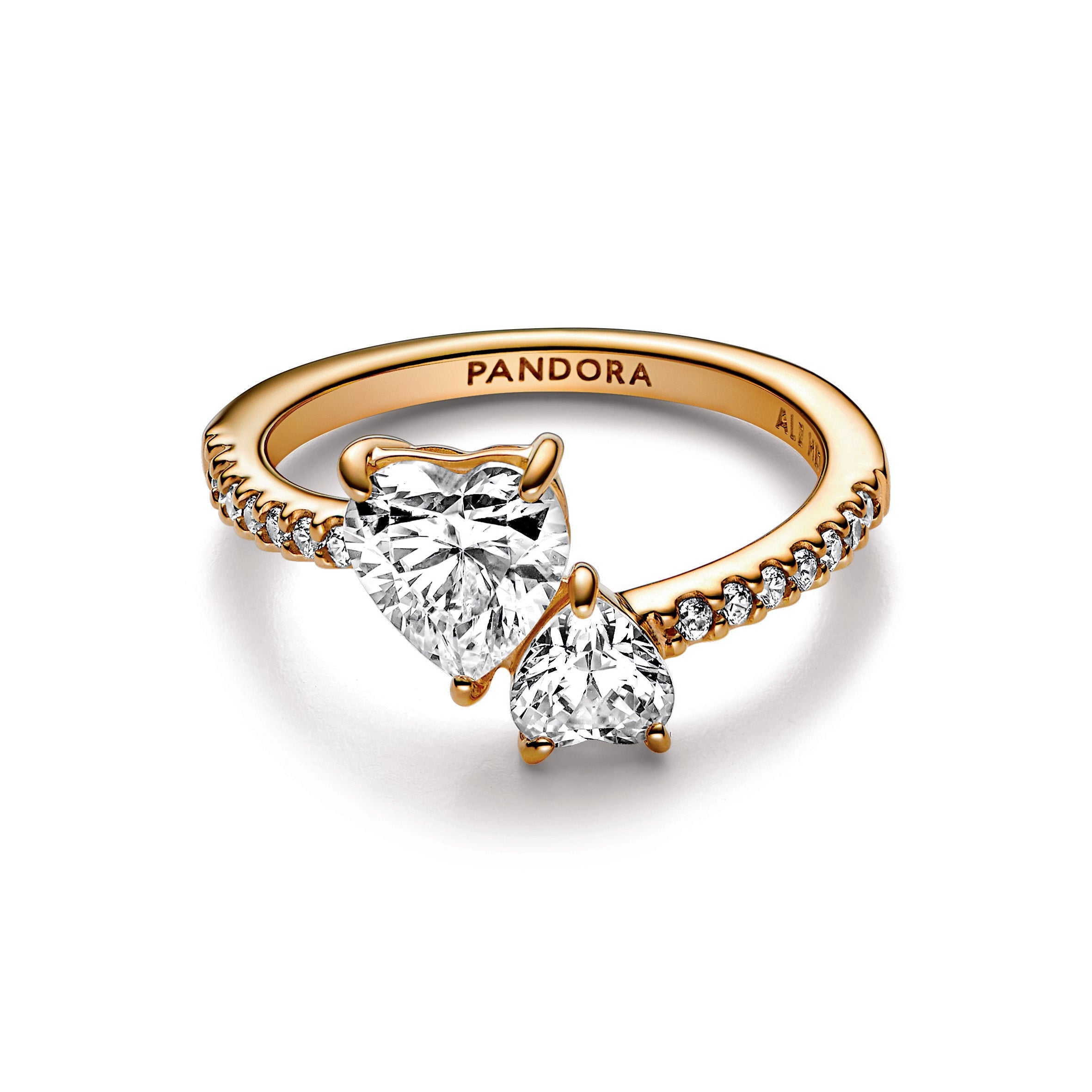 PANDORA Double Heart Sparkling Ring 14K Gold Plated Unique Metal Blend Rings Statement Ring Jewelry Gift