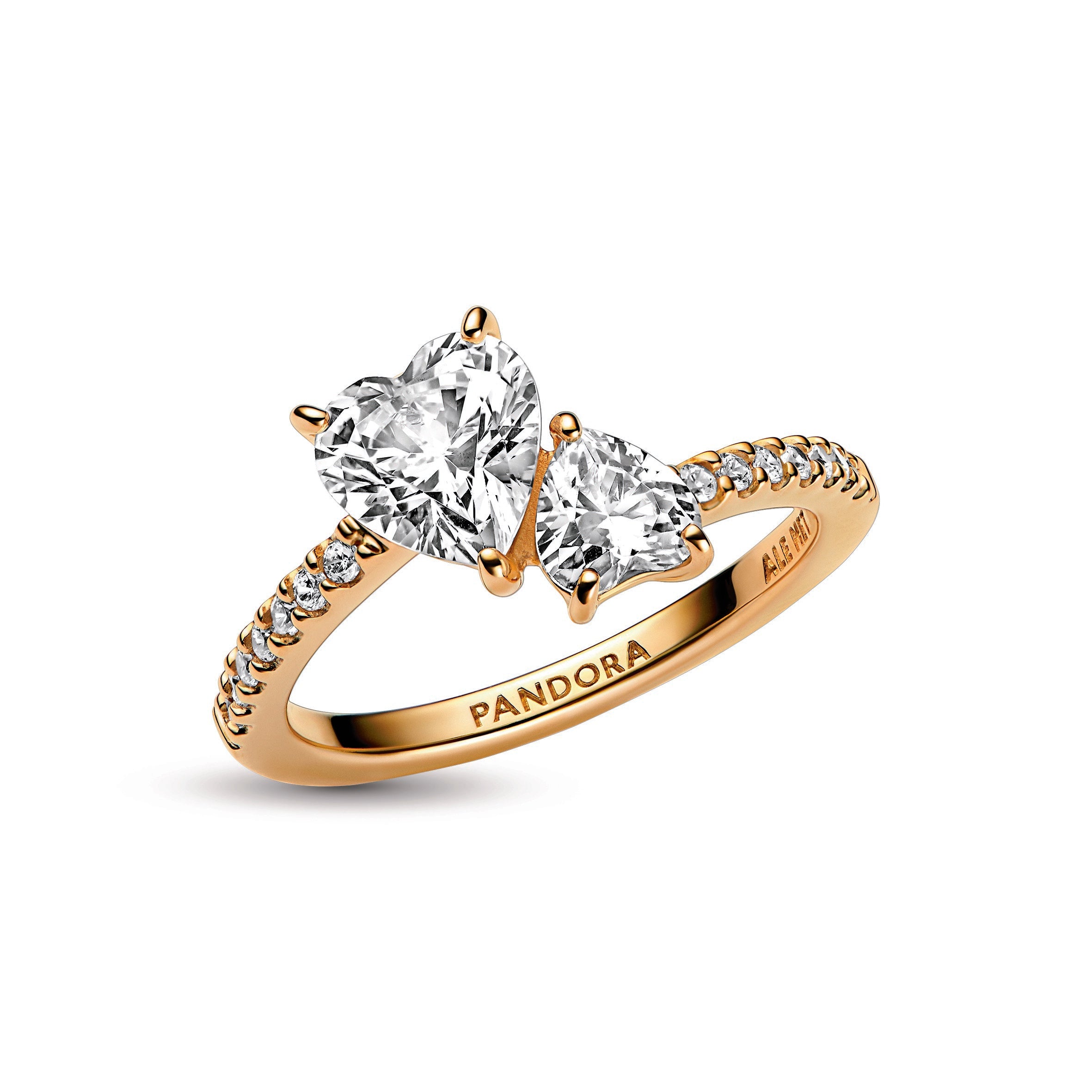 PANDORA Double Heart Sparkling Ring 14K Gold Plated Unique Metal Blend Rings Statement Ring Jewelry Gift
