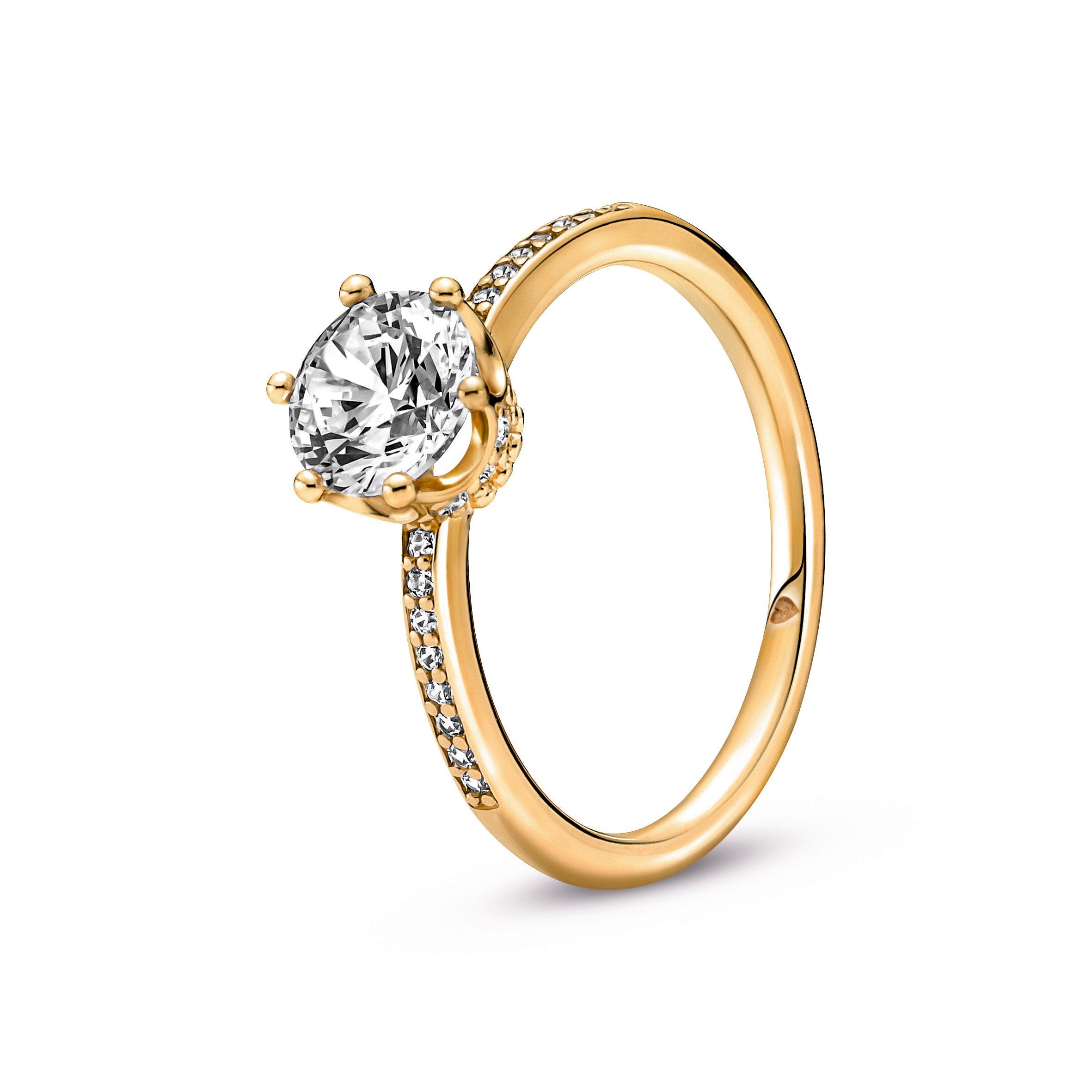 PANDORA Clear Sparkling Crown Solitaire Ring 14K Gold Plated Unique Metal Blend Rings Statement Ring Jewelry Gift