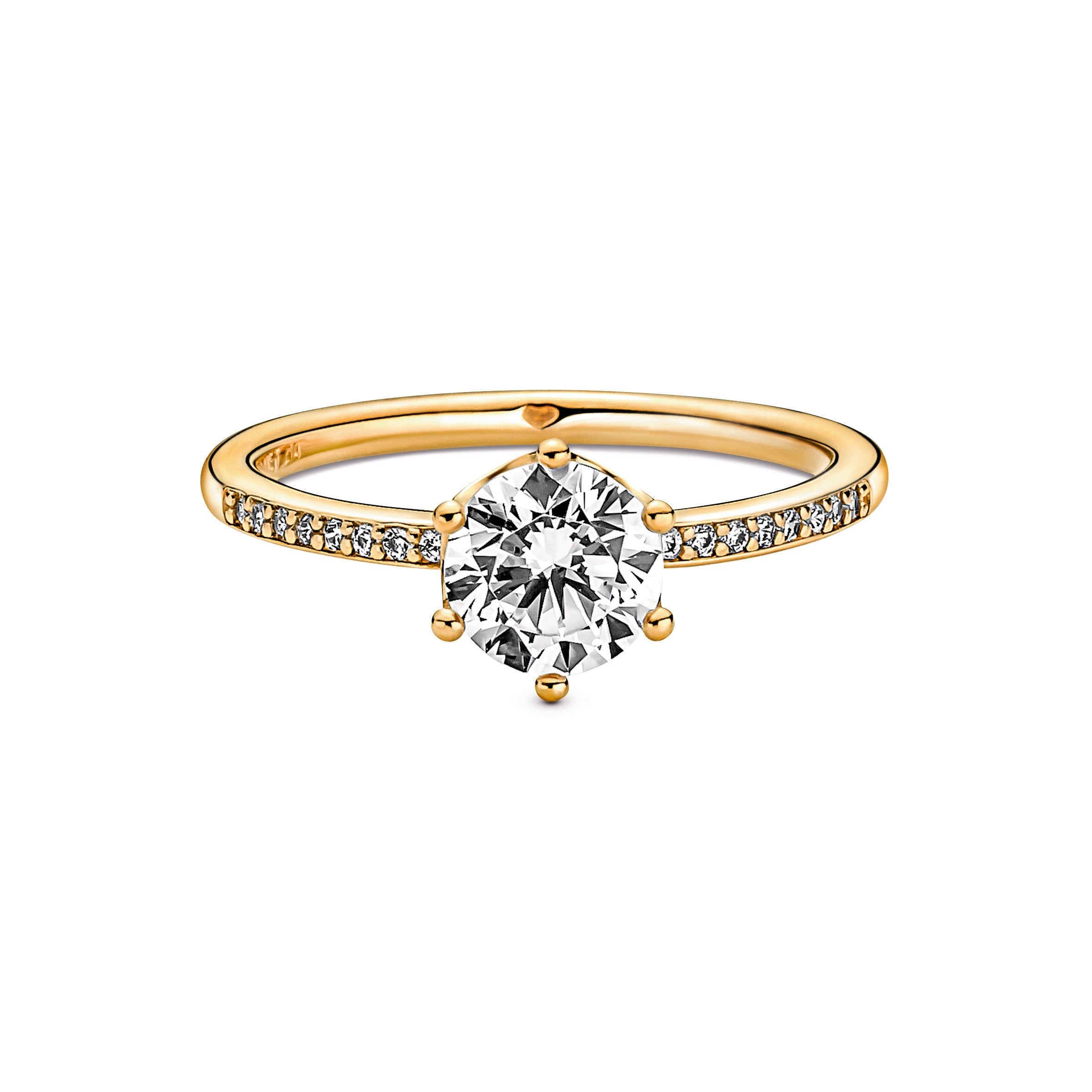 PANDORA Clear Sparkling Crown Solitaire Ring 14K Gold Plated Unique Metal Blend Rings Statement Ring Jewelry Gift