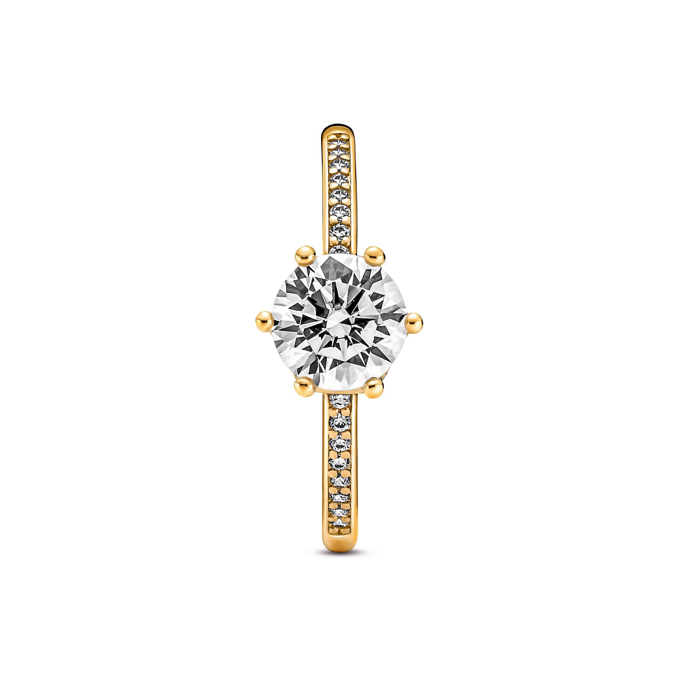 PANDORA Clear Sparkling Crown Solitaire Ring 14K Gold Plated Unique Metal Blend Rings Statement Ring Jewelry Gift