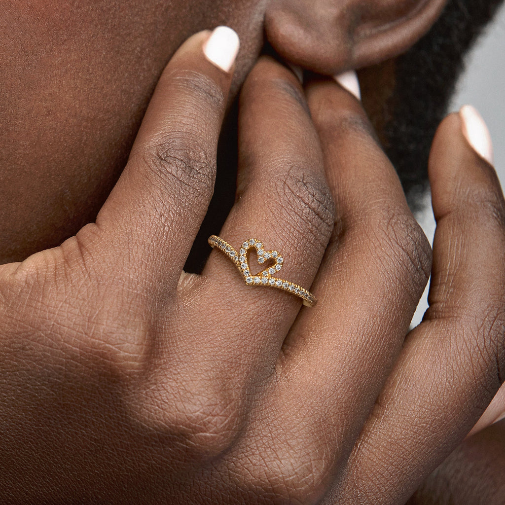 PANDORA Timeless Wish Sparkling Heart Ring 14K Gold Plated Unique Metal Blend Love Rings Statement Ring Jewelry Gift