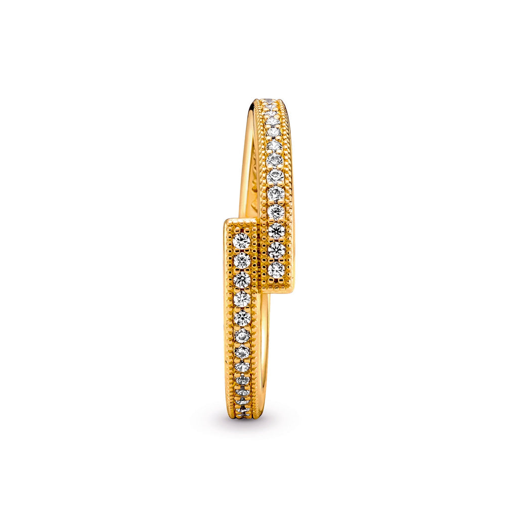 PANDORA Sparkling Overlapping Ring 14K Gold Plated Unique Metal Blend Rings Statement Ring Jewelry Gift