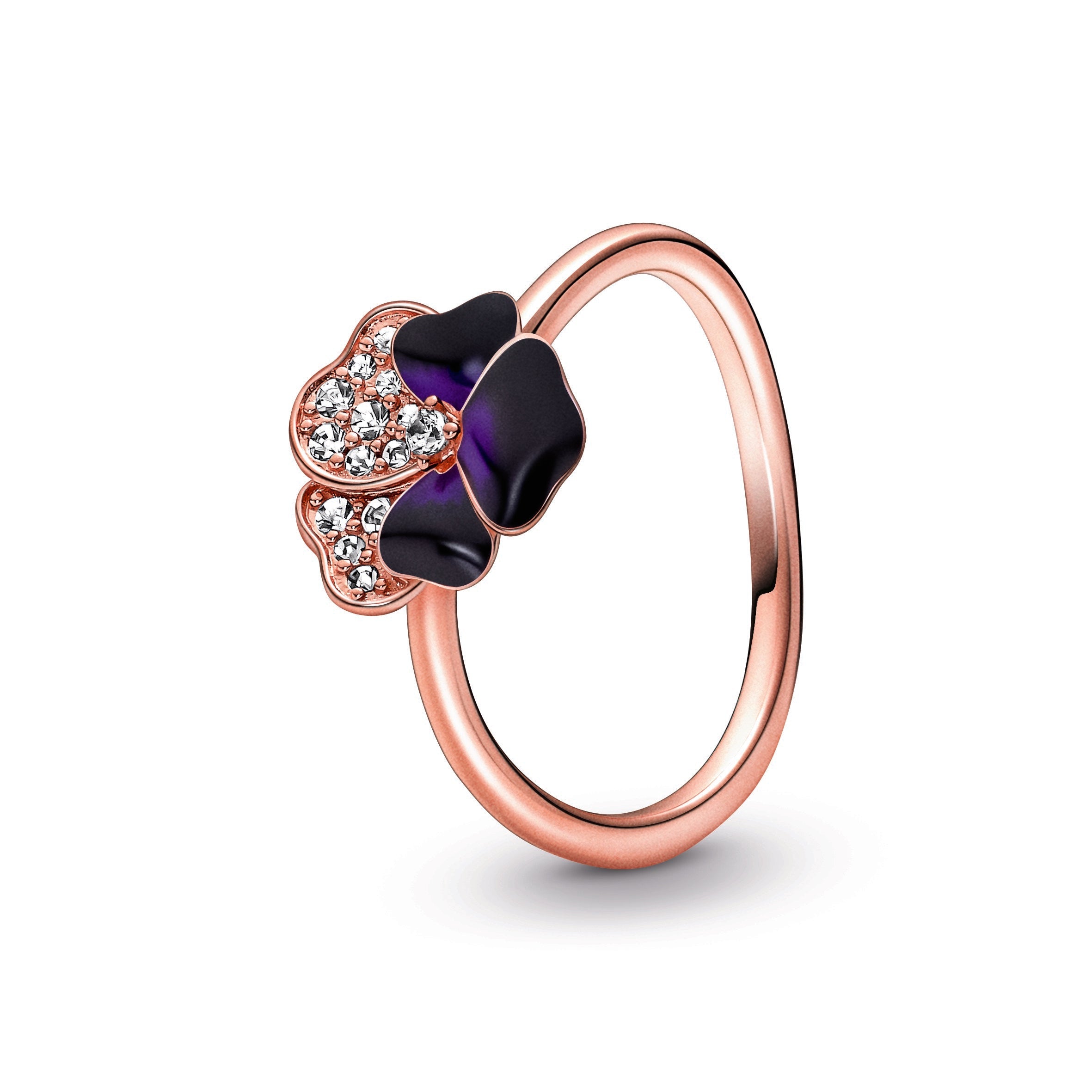 PANDORA Deep Purple Pansy Flower Ring 14K Rose Gold Plated Unique Metal Blend Rings Statement Ring Jewelry Gift