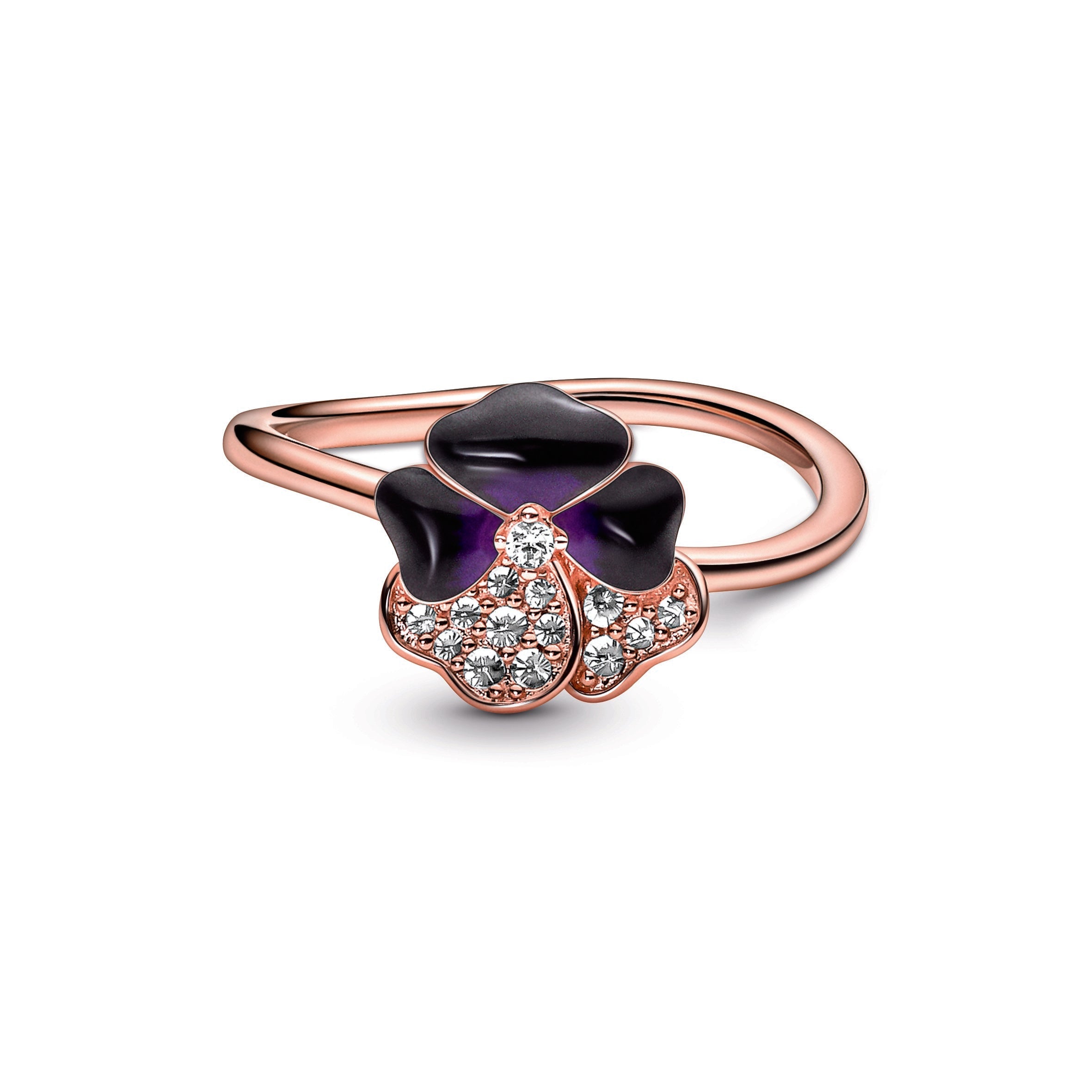PANDORA Deep Purple Pansy Flower Ring 14K Rose Gold Plated Unique Metal Blend Rings Statement Ring Jewelry Gift