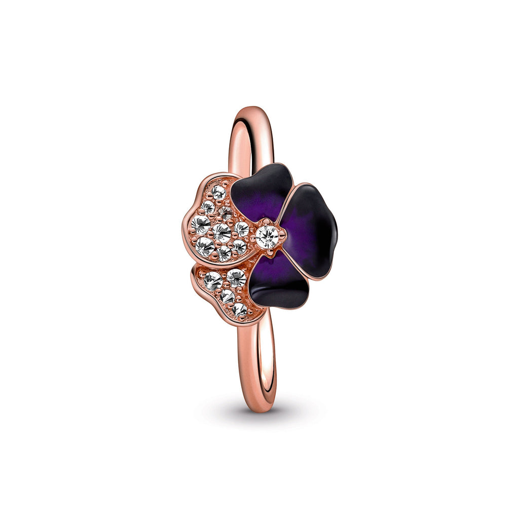 PANDORA Deep Purple Pansy Flower Ring 14K Rose Gold Plated Unique Metal Blend Rings Statement Ring Jewelry Gift