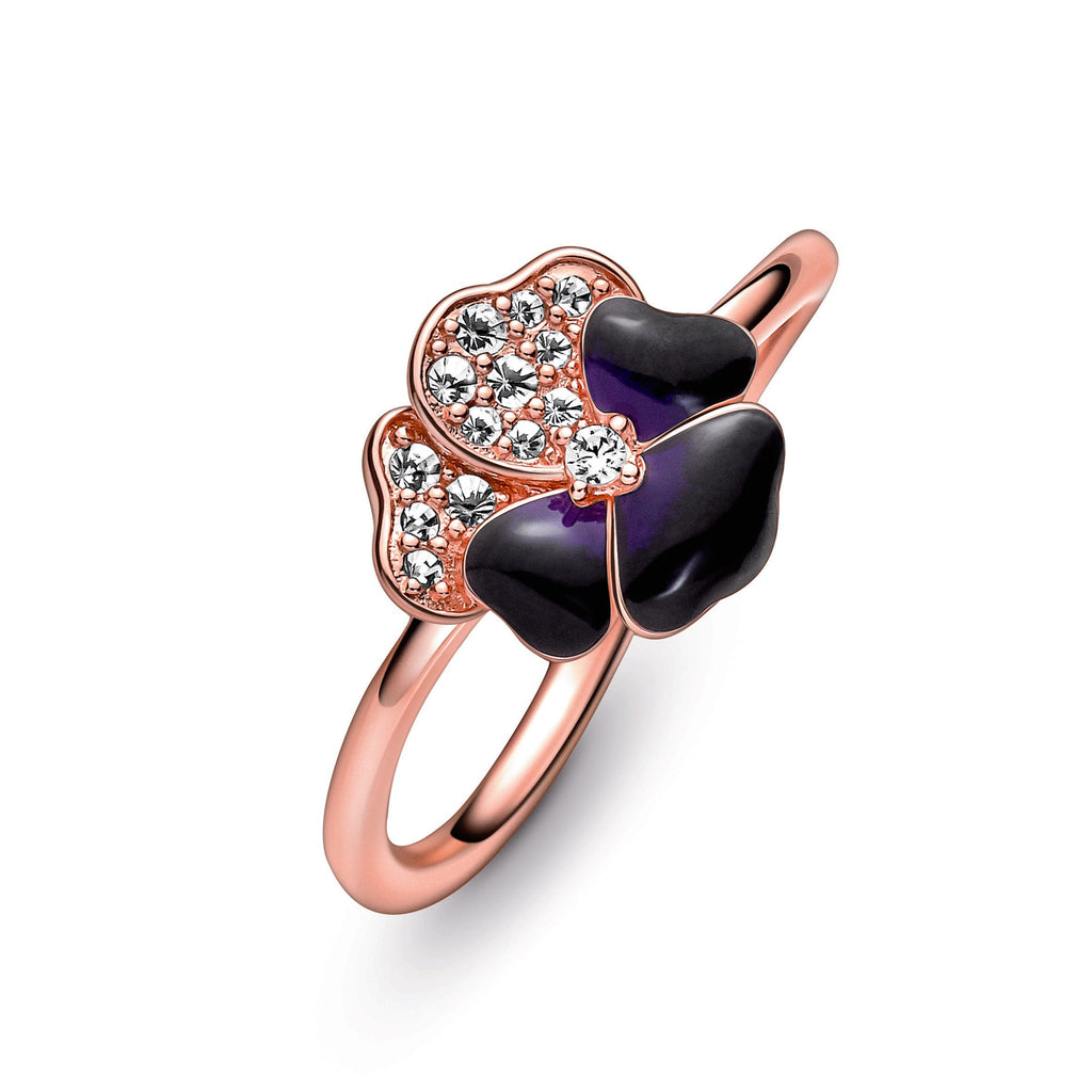 PANDORA Deep Purple Pansy Flower Ring 14K Rose Gold Plated Unique Metal Blend Rings Statement Ring Jewelry Gift