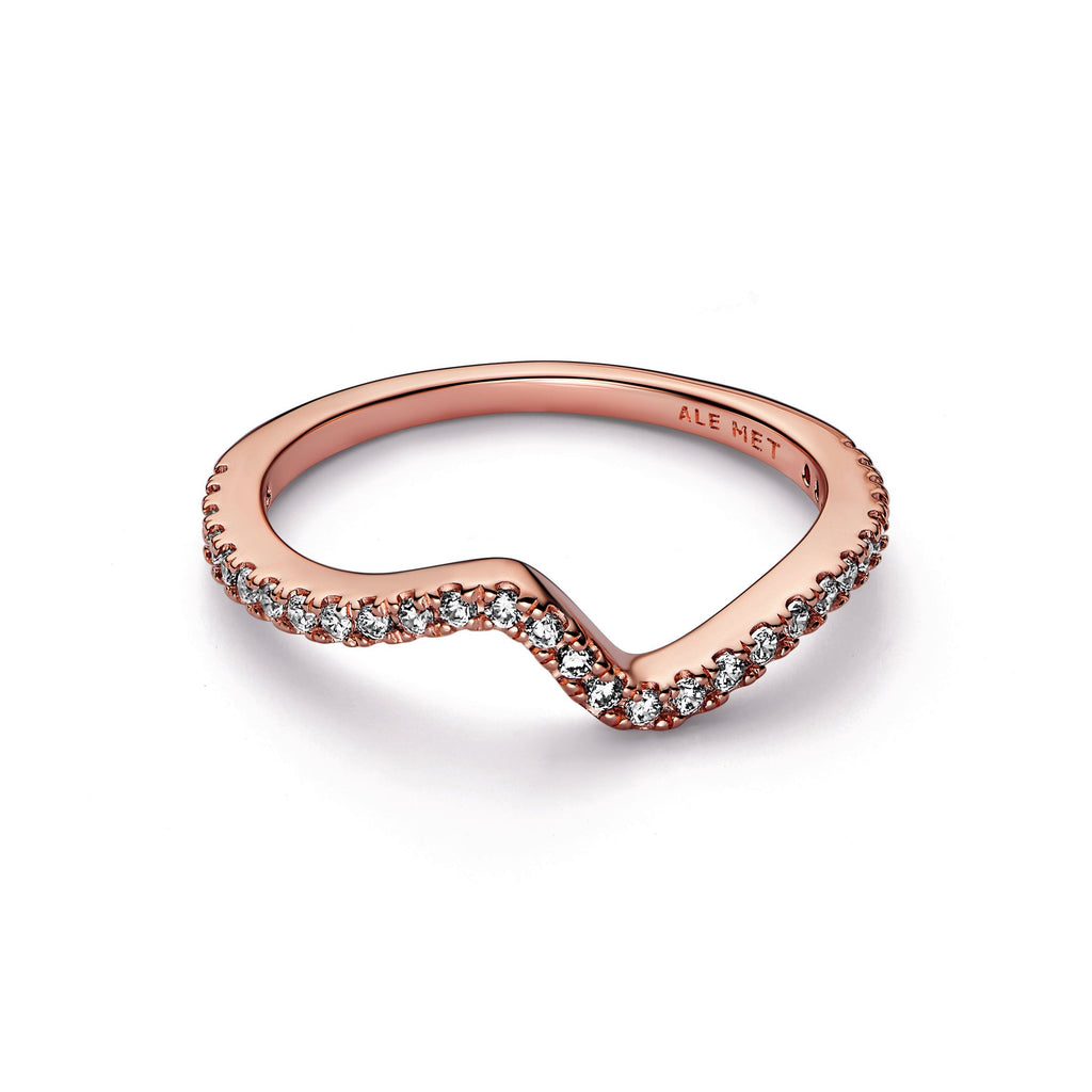 PANDORA Sparkling Wave Ring 14K Rose Gold Plated Unique Metal Blend Rings Statement Ring Jewelry Gift