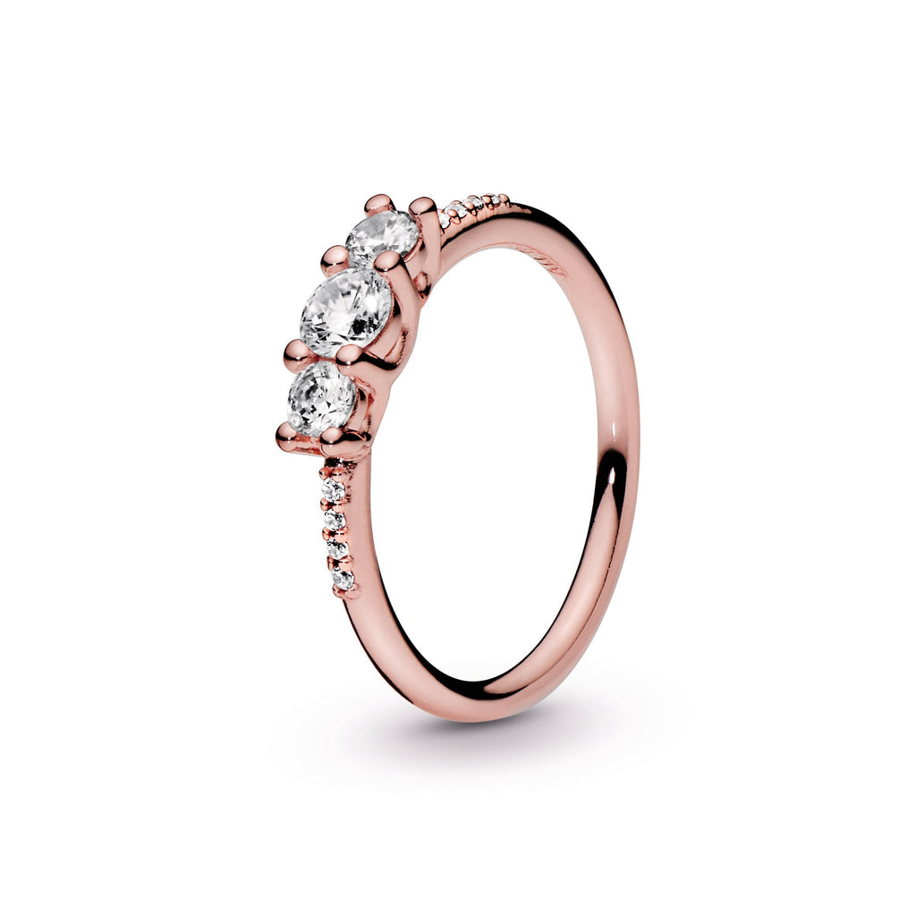 PANDORA Clear Three-Stone Ring 14K Rose Gold Plated Unique Metal Blend Weddings Rings Statement Ring Jewelry Gift