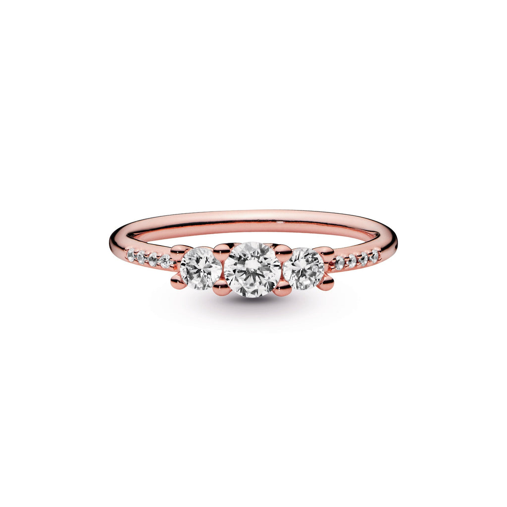 PANDORA Clear Three-Stone Ring 14K Rose Gold Plated Unique Metal Blend Weddings Rings Statement Ring Jewelry Gift