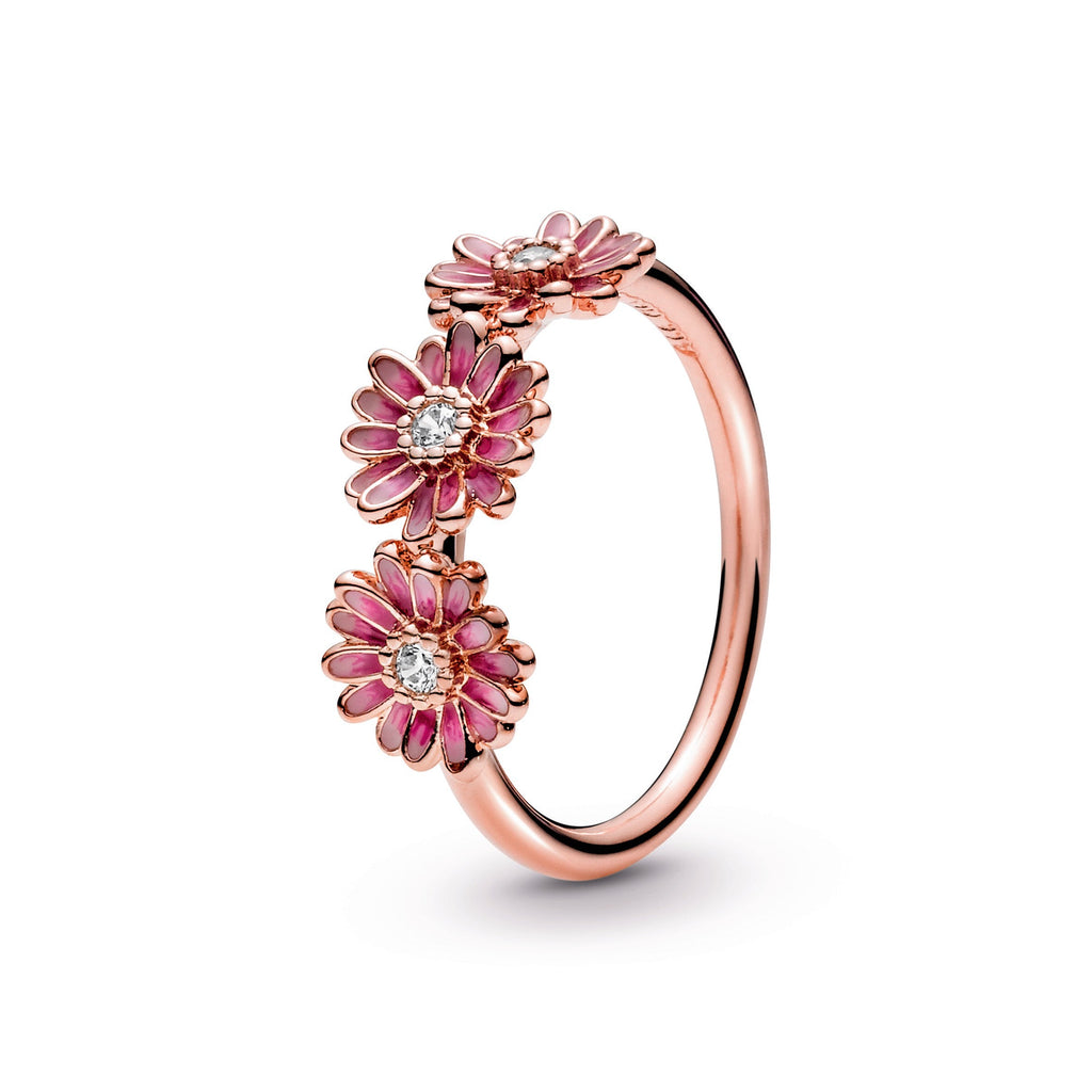 PANDORA Pink Daisy Flower Trio Ring 14K Rose Gold Plated Unique Metal Blend Floral Rings Statement Ring Jewelry Gift