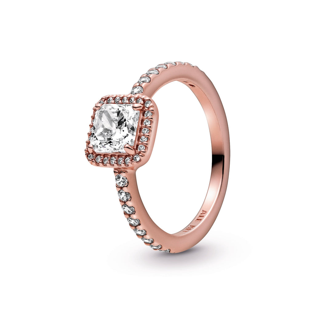 PANDORA Square Sparkle Halo Ring 14K Rose Gold Plated Unique Metal Blend Rings Statement Ring Jewelry Gift