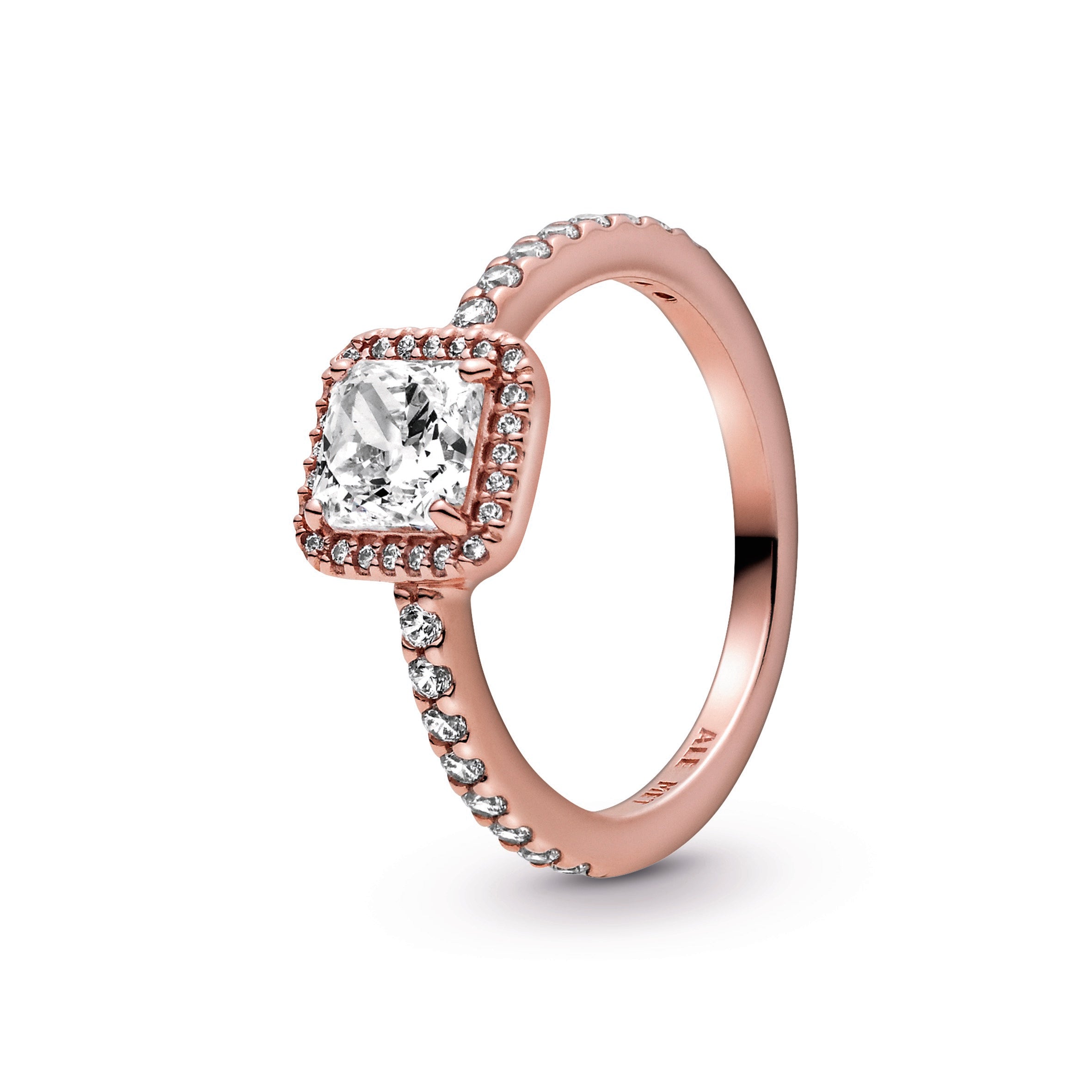 PANDORA Square Sparkle Halo Ring 14K Rose Gold Plated Unique Metal Blend Rings Statement Ring Jewelry Gift