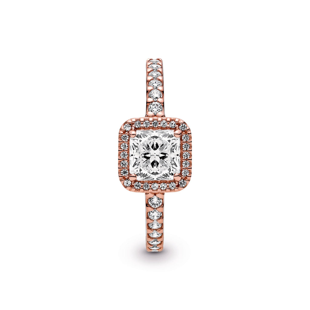 PANDORA Square Sparkle Halo Ring 14K Rose Gold Plated Unique Metal Blend Rings Statement Ring Jewelry Gift