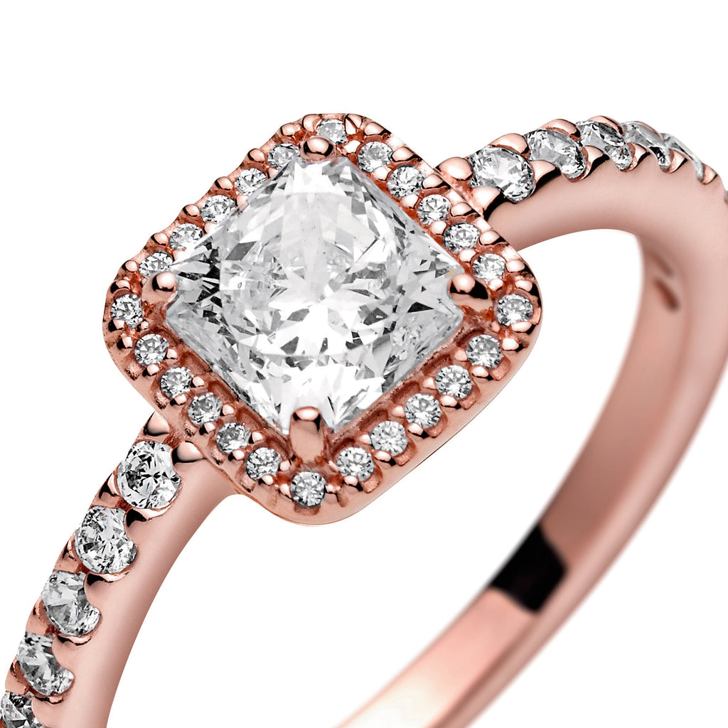 PANDORA Square Sparkle Halo Ring 14K Rose Gold Plated Unique Metal Blend Rings Statement Ring Jewelry Gift