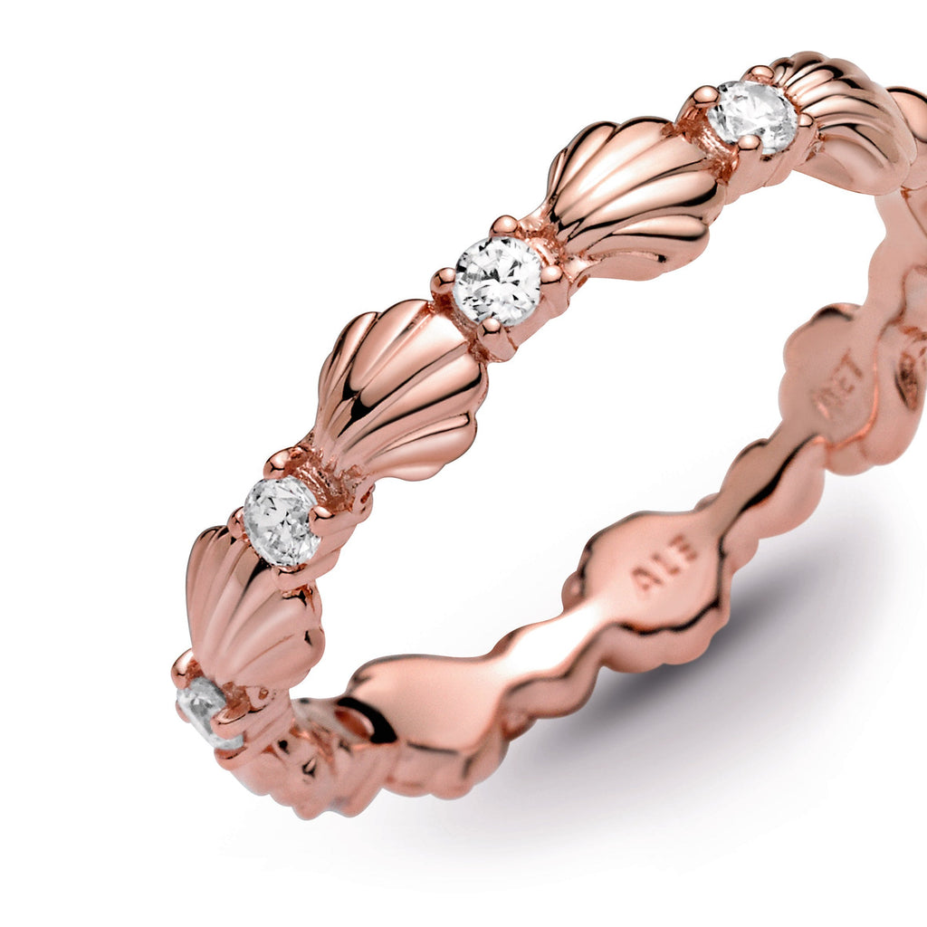 PANDORA Sparkling Seashell Band Ring 14K Rose Gold Plated Unique Metal Blend Rings Statement Ring Jewelry Gift