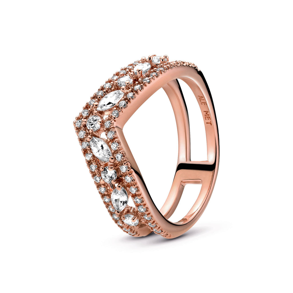 PANDORA Sparkling Marquise Double Wishbone Ring 14K Rose Gold Plated Unique Metal Blend Rings Statement Ring Jewelry Gift