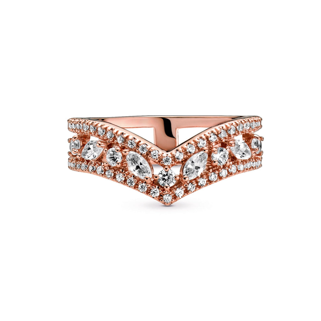PANDORA Sparkling Marquise Double Wishbone Ring 14K Rose Gold Plated Unique Metal Blend Rings Statement Ring Jewelry Gift