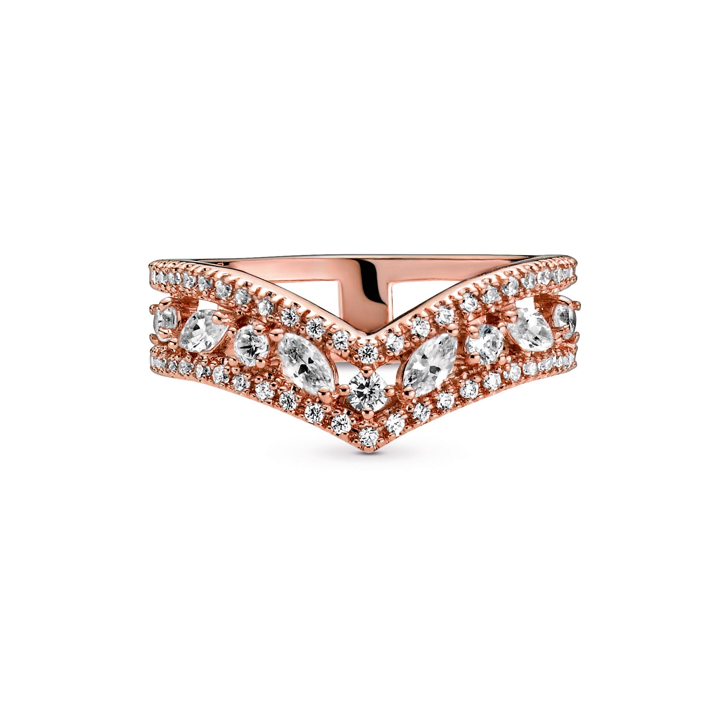 PANDORA Sparkling Marquise Double Wishbone Ring 14K Rose Gold Plated Unique Metal Blend Rings Statement Ring Jewelry Gift