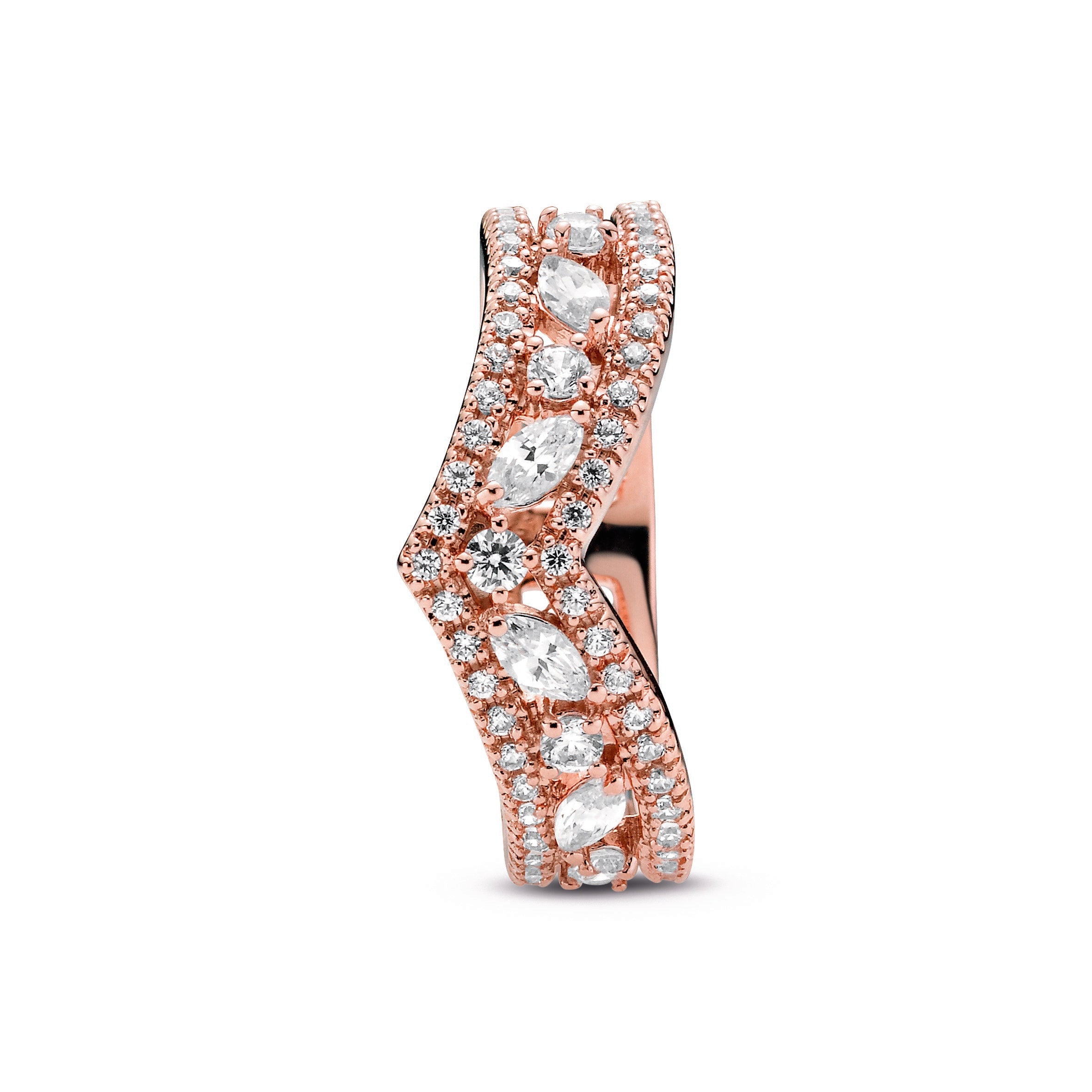 PANDORA Sparkling Marquise Double Wishbone Ring 14K Rose Gold Plated Unique Metal Blend Rings Statement Ring Jewelry Gift