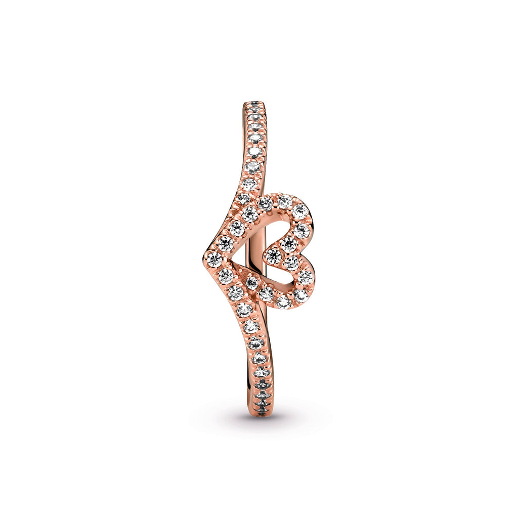 PANDORA Sparkling Wishbone Heart Ring 14K Rose Gold Plated Unique Metal Blend Rings Statement Ring Jewelry Gift