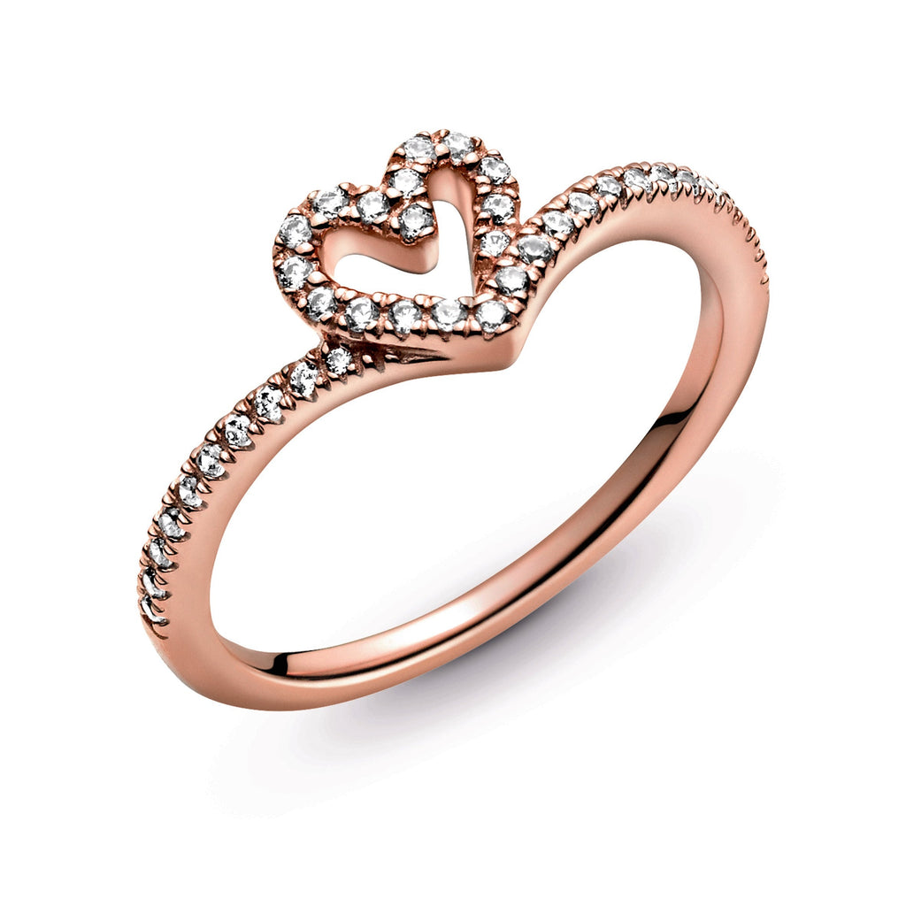PANDORA Sparkling Wishbone Heart Ring 14K Rose Gold Plated Unique Metal Blend Rings Statement Ring Jewelry Gift