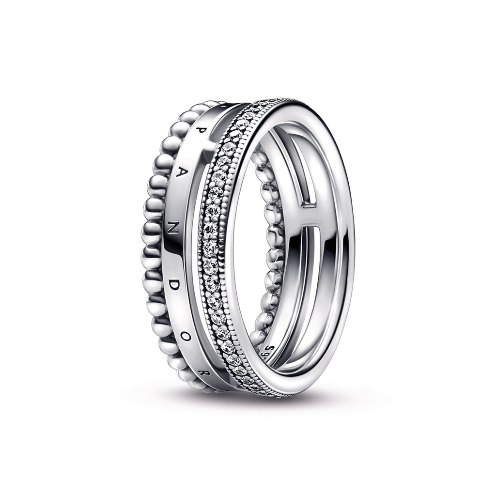 PANDORA Signature Logo Pavé And Beads Ring Sterling Silver Rings Statement Ring Jewelry Gift