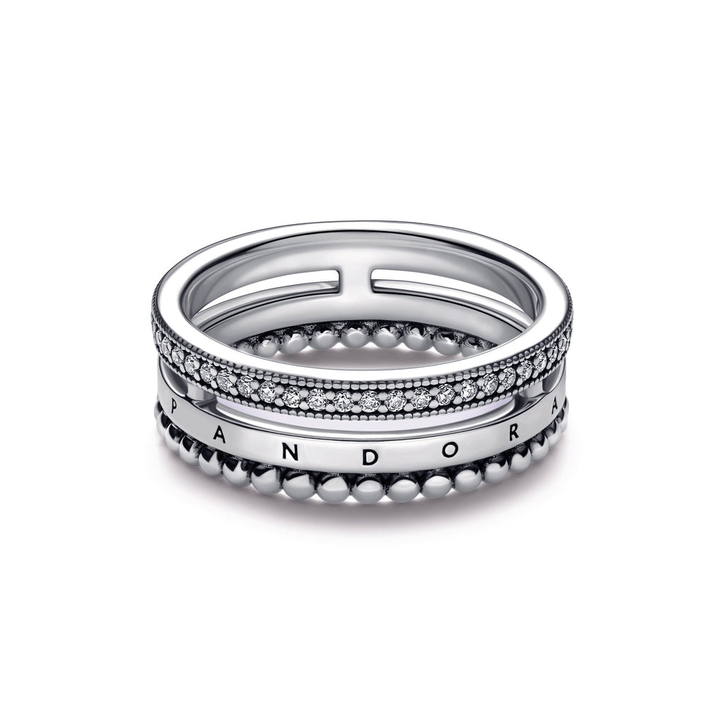 PANDORA Signature Logo Pavé And Beads Ring Sterling Silver Rings Statement Ring Jewelry Gift