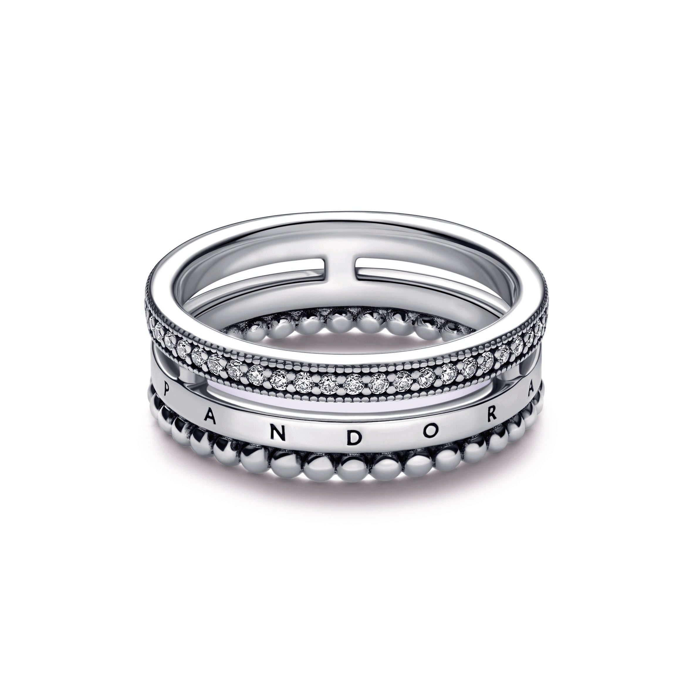PANDORA Signature Logo Pavé And Beads Ring Sterling Silver Rings Statement Ring Jewelry Gift