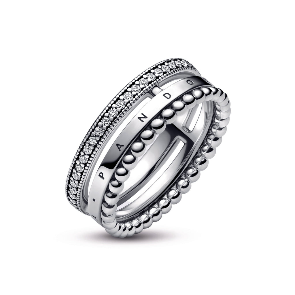 PANDORA Signature Logo Pavé And Beads Ring Sterling Silver Rings Statement Ring Jewelry Gift