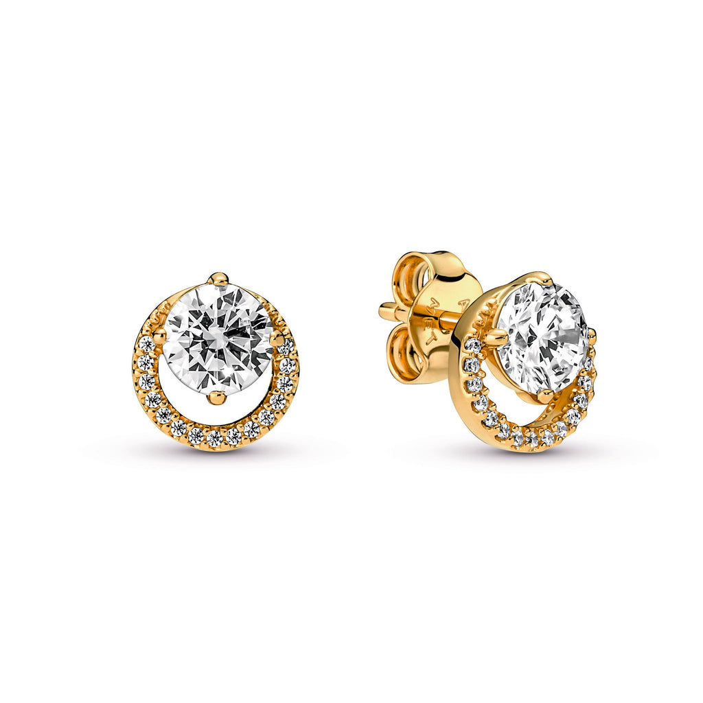 PANDORA Sparkling Round Halo Stud Earrings 14K Gold Plated Unique Metal Blend Weddings Statement Ring Jewelry Gift